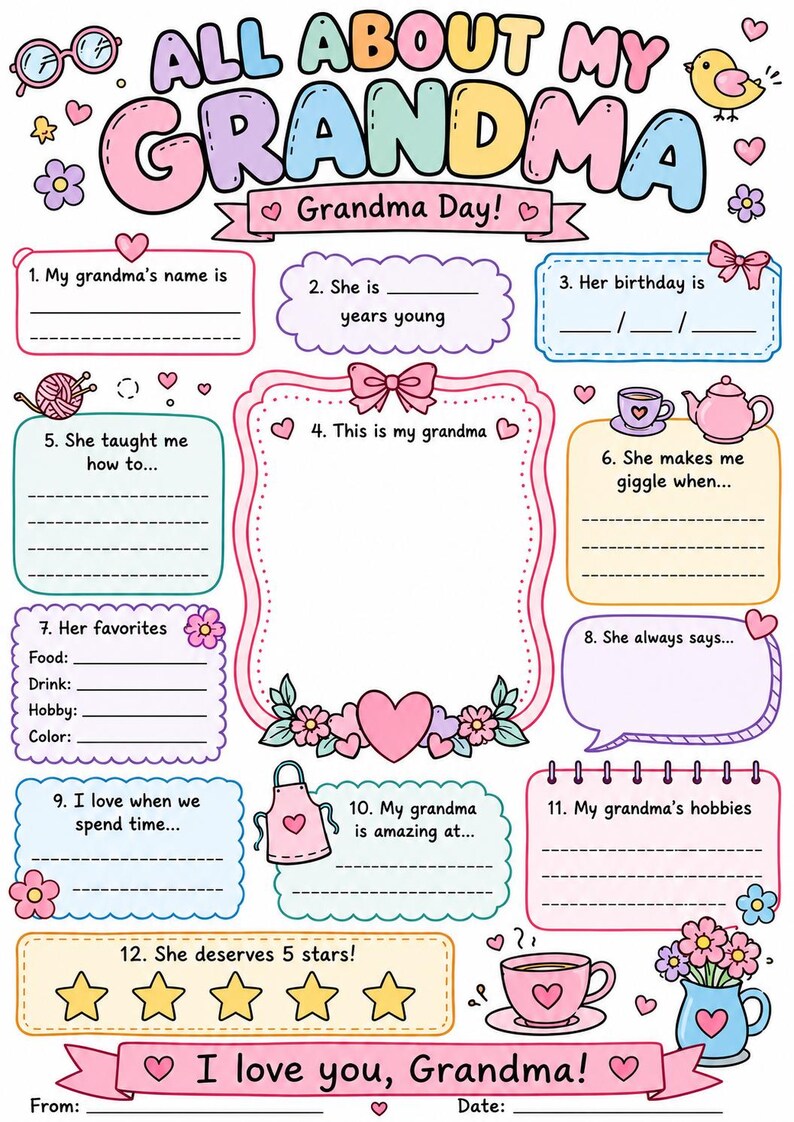 May include: A printable questionnaire titled All About My Grandma with pastel-coloured borders, hearts, and flowers. It features twelve numbered prompts for children to fill out, including spaces for a drawing, a five-star rating, and signature lines.