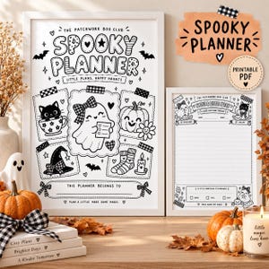 May include: Two framed black and white printable planner pages featuring the text The Patchwork Boo Club Spooky Planner, Little Plans, Happy Haunts, Notes & Little Ideas, and This Planner Belongs To, decorated with illustrations of a ghost, cat, pumpkin, and witch hat.