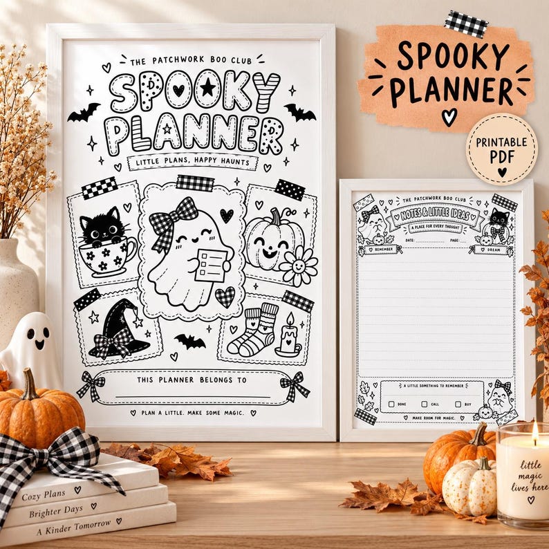 May include: Two framed black and white printable planner pages featuring the text The Patchwork Boo Club Spooky Planner, Little Plans, Happy Haunts, Notes & Little Ideas, and This Planner Belongs To, decorated with illustrations of a ghost, cat, pumpkin, and witch hat.