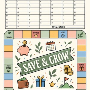 May include: A savings tracker sheet titled SAVE & GROW with a numbered grid from 1 to 52, a board game style path with colorful squares, illustrations of a piggy bank, calendar, coins, wallet, gift box, and the text Small steps. Big goals.