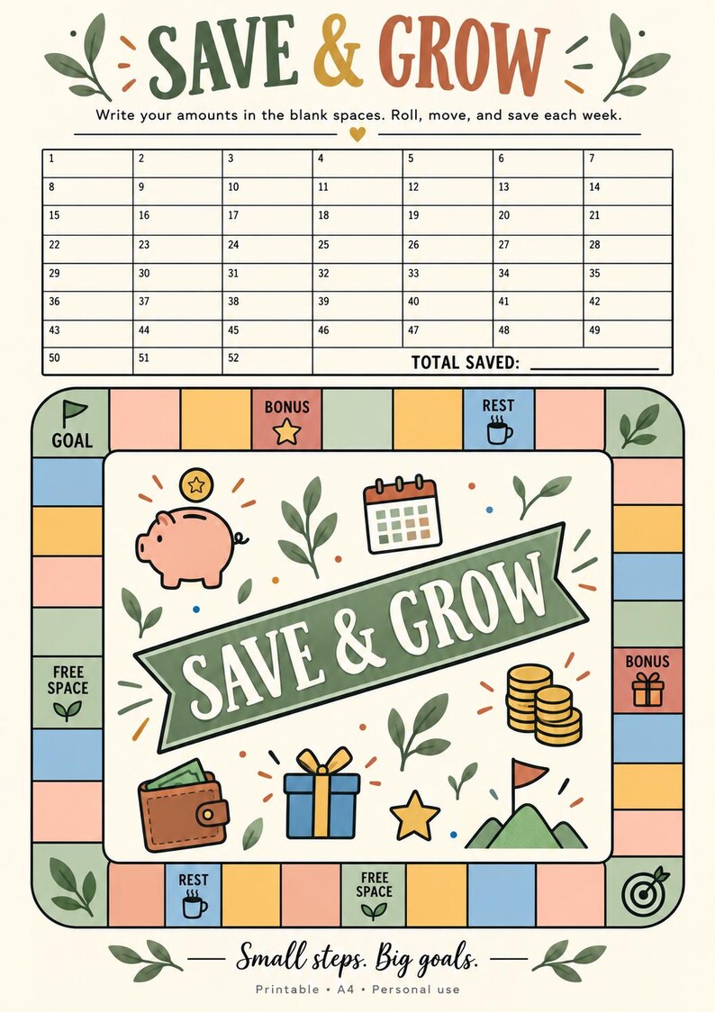 May include: A savings tracker sheet titled SAVE & GROW with a numbered grid from 1 to 52, a board game style path with colorful squares, illustrations of a piggy bank, calendar, coins, wallet, gift box, and the text Small steps. Big goals.