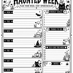以下が含まれることがあります： 「HAUNTED WEEK, PLAN YOUR WEEK, STAY SPOOKTACULAR!」と題された白黒の週間プランナーページ。各曜日、週の目標、やることリスト、セルフケア、メモのセクションがあり、幽霊、コウモリ、猫、カボチャのイラストで装飾されています。