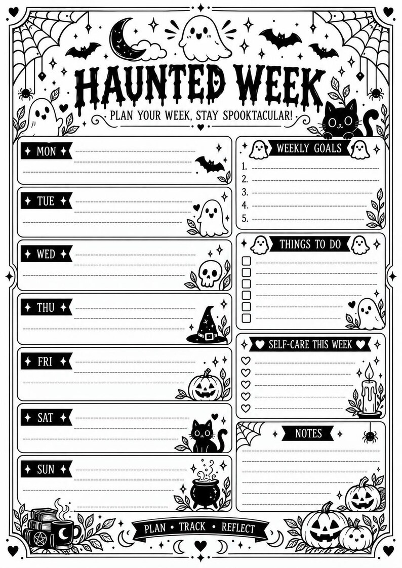 以下が含まれることがあります： 「HAUNTED WEEK, PLAN YOUR WEEK, STAY SPOOKTACULAR!」と題された白黒の週間プランナーページ。各曜日、週の目標、やることリスト、セルフケア、メモのセクションがあり、幽霊、コウモリ、猫、カボチャのイラストで装飾されています。