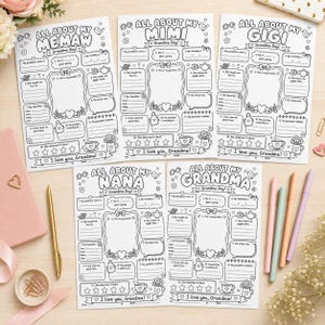 May include: Five black and white printable activity sheets titled All About My Memaw, Mimi, Gigi, Nana, and Grandma. Each sheet features fill-in-the-blank sections for personal details, a drawing box, and a five-star rating area for Grandma Day.