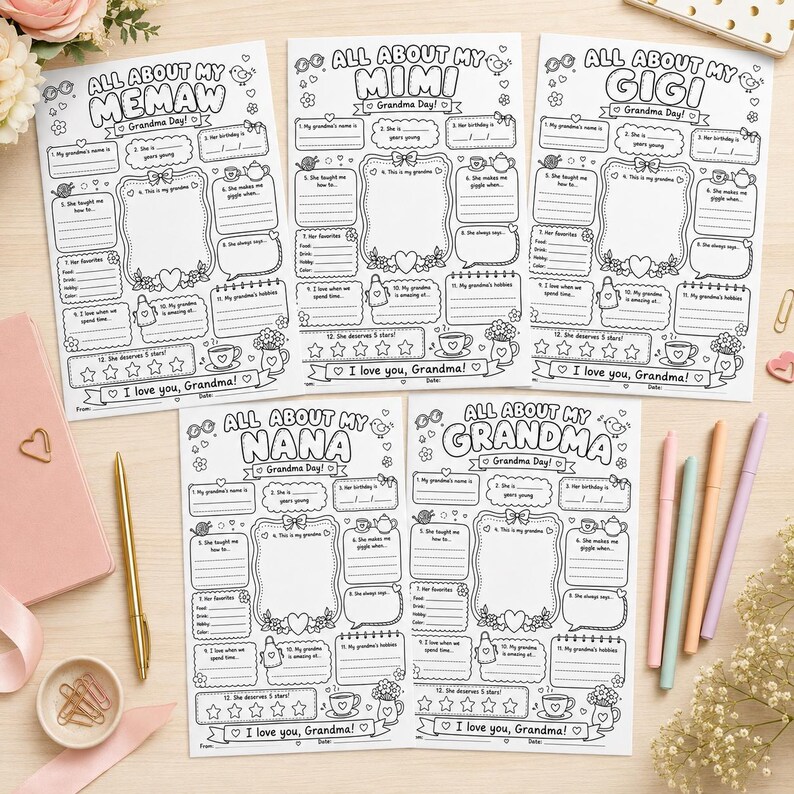 May include: Five black and white printable activity sheets titled All About My Memaw, Mimi, Gigi, Nana, and Grandma. Each sheet features fill-in-the-blank sections for personal details, a drawing box, and a five-star rating area for Grandma Day.
