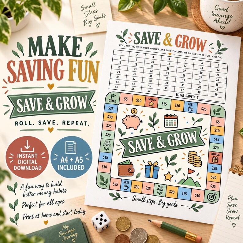 May include: A printable board game for saving money titled Save & Grow, featuring a numbered grid, a colorful path with dollar amounts, icons of a piggy bank, wallet, and gift, plus text including Make Saving Fun and Small Steps Big Goals.
