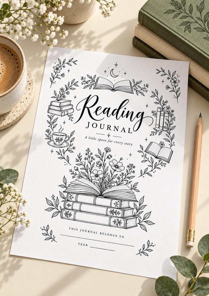 May include: A white paper reading journal cover featuring black line art illustrations of stacked books, flowers, a teacup, and a crescent moon. The text reads Reading JOURNAL A little space for every story, THIS JOURNAL BELONGS TO, and YEAR.