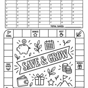 May include: A black and white printable savings tracker sheet titled SAVE & GROW. It features a numbered grid from 1 to 52, a board game style path with icons like a piggy bank, calendar, wallet, gift, and coins, and the text Small steps. Big goals.