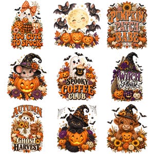 Puede incluir: Una colecci&oacute;n de nueve ilustraciones gr&aacute;ficas con tem&aacute;tica de Halloween que incluyen fantasmas, calabazas, murci&eacute;lagos, un gato negro y una vaca highland. Cada dise&ntilde;o incorpora girasoles, hojas de oto&ntilde;o y textos como Witch Please.