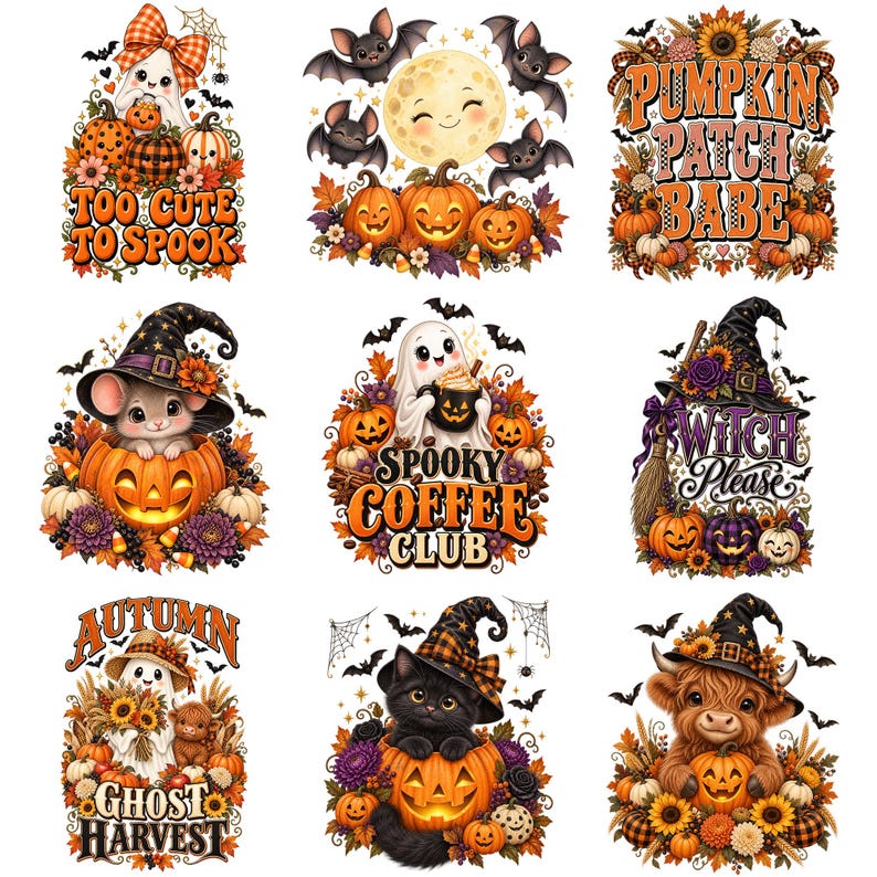 Puede incluir: Una colecci&oacute;n de nueve ilustraciones gr&aacute;ficas con tem&aacute;tica de Halloween que incluyen fantasmas, calabazas, murci&eacute;lagos, un gato negro y una vaca highland. Cada dise&ntilde;o incorpora girasoles, hojas de oto&ntilde;o y textos como Witch Please.