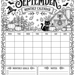 Op de afbeelding: Een zwart-wit printbare maandkalenderpagina voor september met een boerderijtafereel met pompoenen, een schuur, een geest met een hoed en een zwarte kat. Het ontwerp bevat een rooster voor de dagen, maandelijkse doelen en een notitiegedeelte.