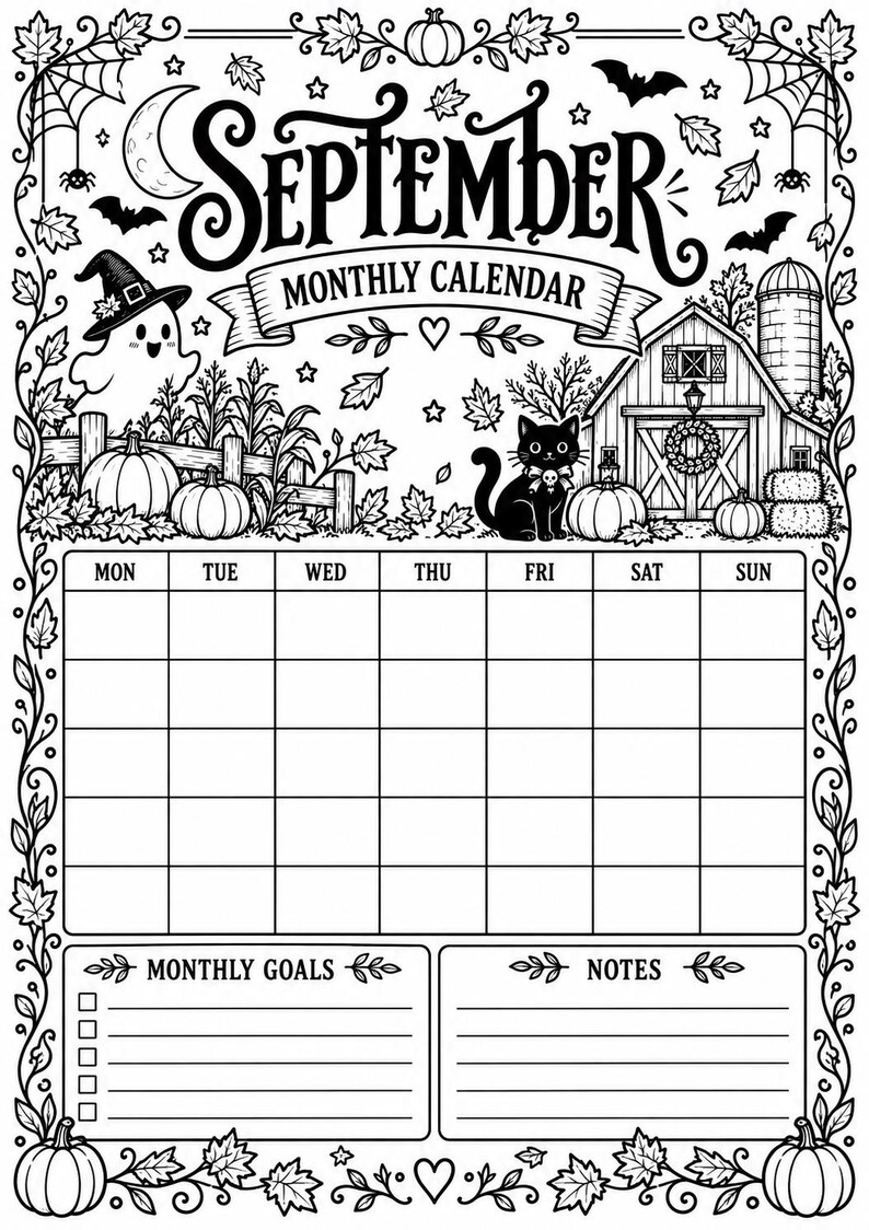 Op de afbeelding: Een zwart-wit printbare maandkalenderpagina voor september met een boerderijtafereel met pompoenen, een schuur, een geest met een hoed en een zwarte kat. Het ontwerp bevat een rooster voor de dagen, maandelijkse doelen en een notitiegedeelte.