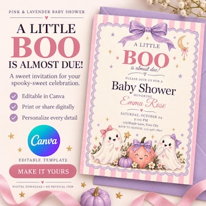Rosa spöke babyshowerinbjudan, redigerbar Canvas-mall, Halloweeninbjudan bild 1
