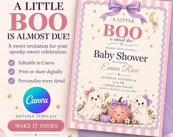 Pink Ghost Baby Shower Invitation, Editable Canva Template, Halloween Invite