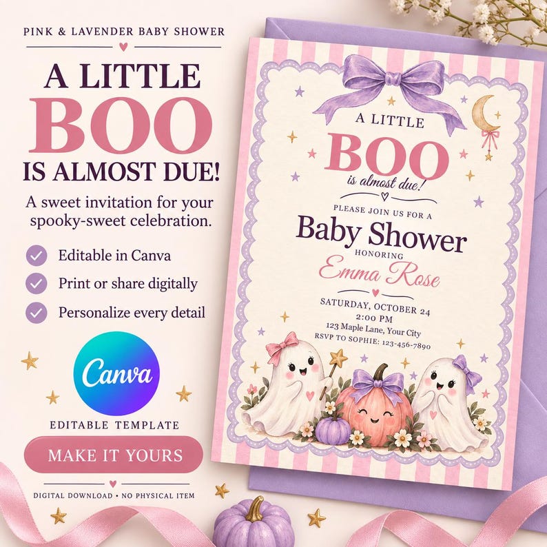 Rosa spöke babyshowerinbjudan, redigerbar Canvas-mall, Halloweeninbjudan bild 1