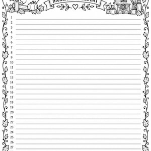 Op de afbeelding: Een zwart-wit printbare plannerpagina voor september met de tekst September Highlight of the Day. De rand bevat illustraties van een geest, een schuur, pompoenen, herfstbladeren, spinnenwebben en een maan. Het heeft 30 genummerde lijnen.