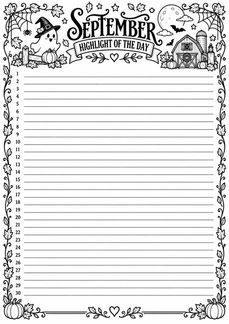 Op de afbeelding: Een zwart-wit printbare plannerpagina voor september met de tekst September Highlight of the Day. De rand bevat illustraties van een geest, een schuur, pompoenen, herfstbladeren, spinnenwebben en een maan. Het heeft 30 genummerde lijnen.