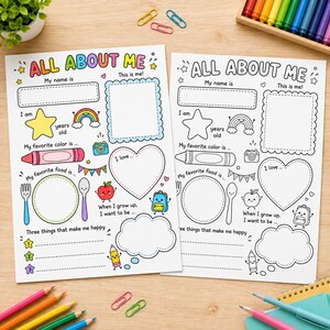 May include: Two All About Me activity sheets featuring fill-in-the-blank sections, a star, a rainbow, a crayon, a camera, a fork, a spoon, an apple, a heart, and a backpack. One sheet is in full color, and the other is a black and white outline.