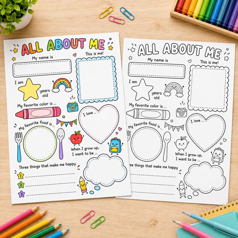 May include: Two All About Me activity sheets featuring fill-in-the-blank sections, a star, a rainbow, a crayon, a camera, a fork, a spoon, an apple, a heart, and a backpack. One sheet is in full color, and the other is a black and white outline.