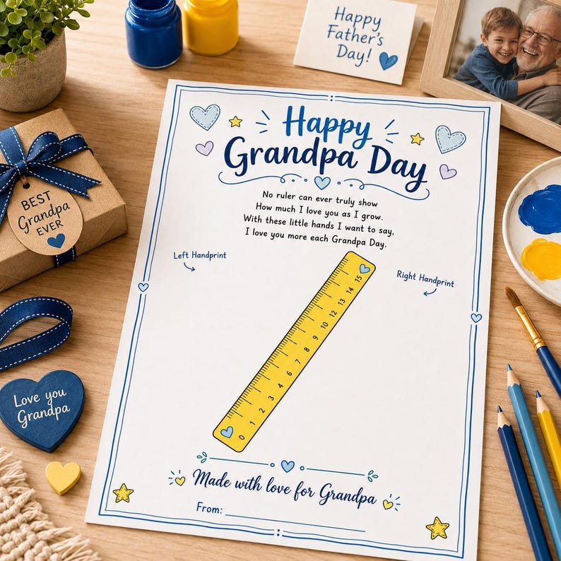 May include: A white paper sheet for Grandpa Day featuring blue text, a yellow ruler graphic, and heart and star illustrations. The text reads Happy Grandpa Day, a poem about handprints, and Made with love for Grandpa. It includes spaces for handprints.