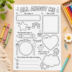 May include: A white paper activity sheet titled ALL ABOUT ME with black line art illustrations including a star, rainbow, camera, plate, fork, spoon, apple, backpack, and pencil. The sheet features blank spaces for writing and drawing personal information.