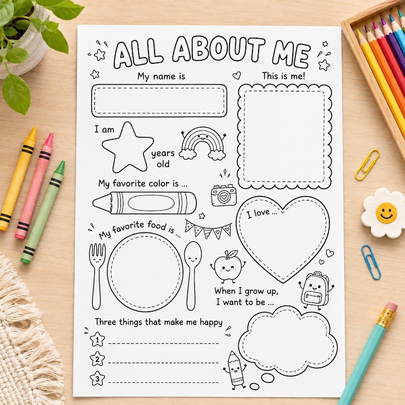 May include: A white paper activity sheet titled ALL ABOUT ME with black line art illustrations including a star, rainbow, camera, plate, fork, spoon, apple, backpack, and pencil. The sheet features blank spaces for writing and drawing personal information.