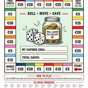 May include: A SAVOPOLY savings challenge board game sheet featuring a colourful track with euro currency amounts, two dice, and a central jar illustration labelled SMALL SAVINGS BIG DREAMS. Includes a 52-week progress tracker, goal and total saved lines.