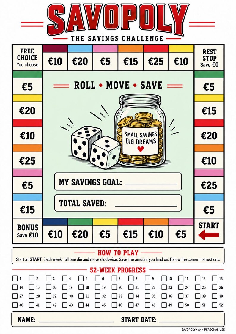 May include: A SAVOPOLY savings challenge board game sheet featuring a colourful track with euro currency amounts, two dice, and a central jar illustration labelled SMALL SAVINGS BIG DREAMS. Includes a 52-week progress tracker, goal and total saved lines.