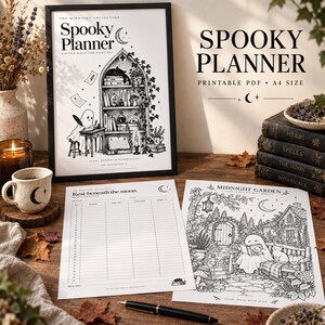 K&ouml;nnte beinhalten: Ein schwarz-wei&szlig;es, druckbares Spooky Planner-Set mit einer gerahmten Titelillustration eines Geistes am Schreibtisch, einer Schlaf-Tracker-Seite mit dem Titel Rest beneath the moon und einer Midnight Garden-Malvorlage mit einem lesenden Geist.