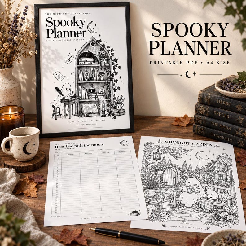 K&ouml;nnte beinhalten: Ein schwarz-wei&szlig;es, druckbares Spooky Planner-Set mit einer gerahmten Titelillustration eines Geistes am Schreibtisch, einer Schlaf-Tracker-Seite mit dem Titel Rest beneath the moon und einer Midnight Garden-Malvorlage mit einem lesenden Geist.