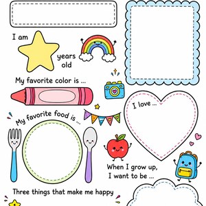 May include: A colorful All About Me worksheet for children featuring prompts like My name is, I am, My favorite color is, My favorite food is, I love, and When I grow up, I want to be. Includes illustrations of a rainbow, crayon, apple, and backpack.