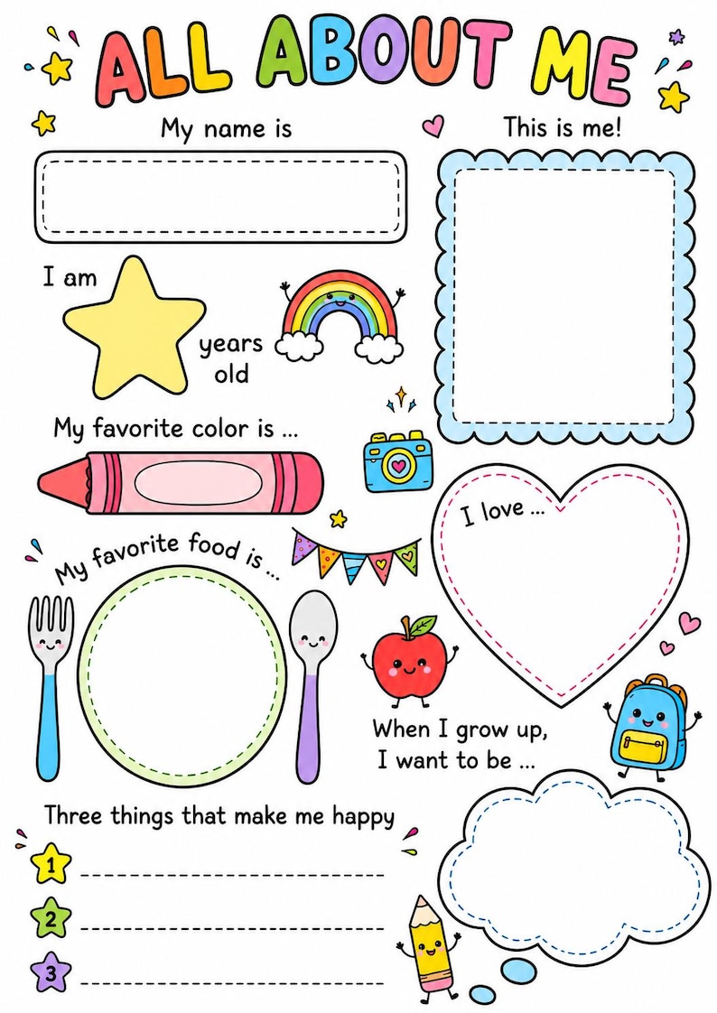 May include: A colorful All About Me worksheet for children featuring prompts like My name is, I am, My favorite color is, My favorite food is, I love, and When I grow up, I want to be. Includes illustrations of a rainbow, crayon, apple, and backpack.