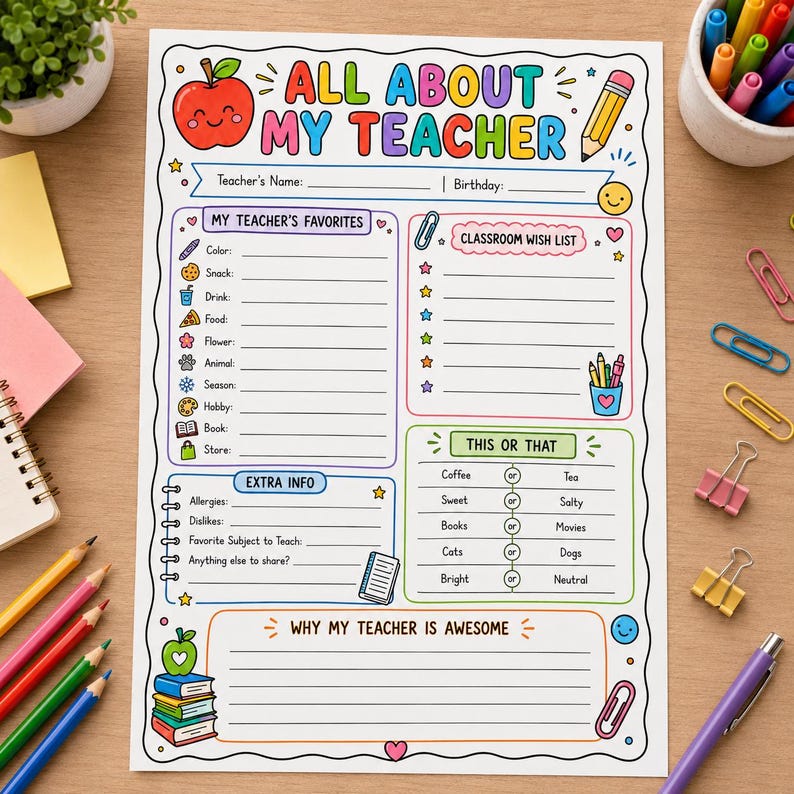 Peut inclure: Une feuille de papier intitul&eacute;e All About My Teacher avec des titres color&eacute;s et des illustrations de pomme, de crayon et de livres. Le formulaire comprend des sections pour les favoris, une liste de souhaits, des choix et des notes.