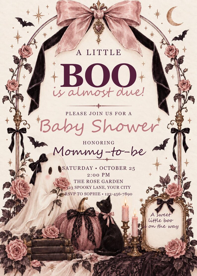 Op de afbeelding: Een uitnodiging voor een babyshower met een geest die een roos vasthoudt, een zwarte kat, een roze pompoen en kaarsen. De tekst luidt: A LITTLE BOO is almost due! PLEASE JOIN US FOR A Baby Shower HONORING Mommy-to-be SATURDAY OCTOBER 25 2:00 PM.
