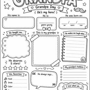 May include: A black and white printable activity sheet titled All About My Grandpa. The page features sections for writing details like name, age, birth date, hobbies, and favorites, decorated with illustrations of glasses, a mug, and a trophy.