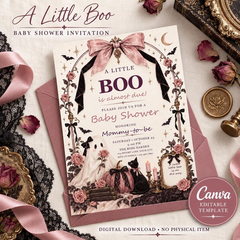 Op de afbeelding: Een rechthoekige uitnodigingskaart voor een babyshower met een geest, een zwarte kat, een pompoen en rozen. De tekst luidt A Little Boo is almost due, Please join us for a Baby Shower, Honoring Mommy-to-be, Saturday October 25, 2:00 PM, The Rose Garden, 123 Spooky Lane, Your City, RSVP to Sophie 123-456-7890.
