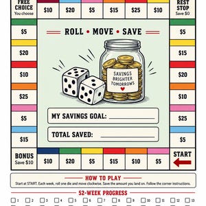 May include: A Savopoly savings challenge board game sheet featuring a colourful path with currency amounts, two dice, and a glass jar filled with gold coins labelled Savings Brighter Tomorrows. Includes sections for savings goals, total saved, and a 52-week progress tracker.
