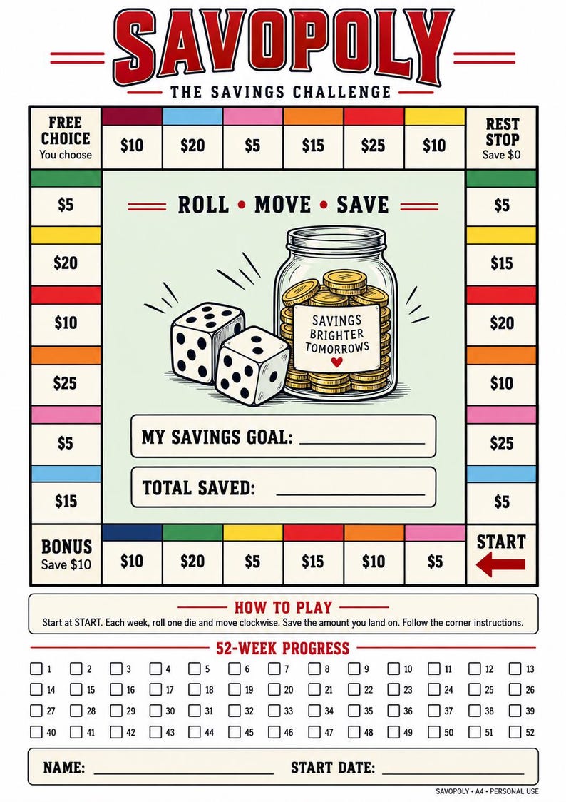 May include: A Savopoly savings challenge board game sheet featuring a colourful path with currency amounts, two dice, and a glass jar filled with gold coins labelled Savings Brighter Tomorrows. Includes sections for savings goals, total saved, and a 52-week progress tracker.