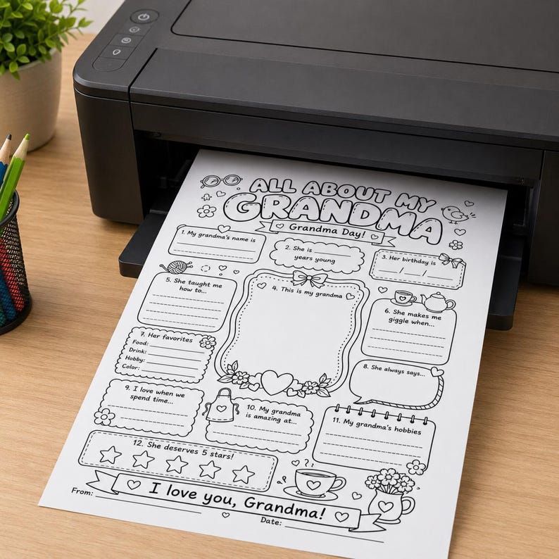 May include: A black printer outputting a white sheet of paper featuring a black and white printable activity page titled All About My Grandma. The page includes twelve fill-in-the-blank sections, decorative illustrations of flowers, hearts, and a teapot, and a five-star rating area.