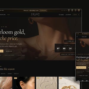 May include: A website and mobile phone display a jewelry brand's homepage. The site features the text "Heirloom gold, half the price." The website's color scheme is black and gold, showcasing necklaces and earrings. The mobile phone displays the same content.