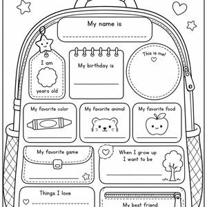 May include: A black and white colouring page featuring a backpack outline with the text ALL ABOUT ME at the top. The design includes sections for a name, birthday, age, photo, favourite colour, animal, food, game, career, hobbies, and best friend.