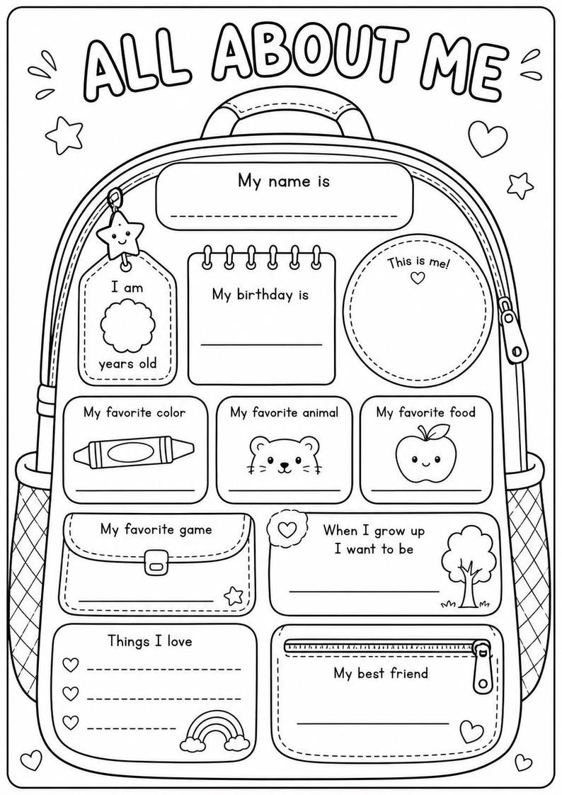 May include: A black and white colouring page featuring a backpack outline with the text ALL ABOUT ME at the top. The design includes sections for a name, birthday, age, photo, favourite colour, animal, food, game, career, hobbies, and best friend.