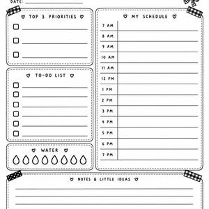 May include: A black and white daily planner page titled The Patchwork Boo Club My Boo-tiful Day. It features sections for Top 3 Priorities, To-Do List, Water intake, My Schedule from 7 AM to 7 PM, Notes & Little Ideas, and Today's Happy Moment.