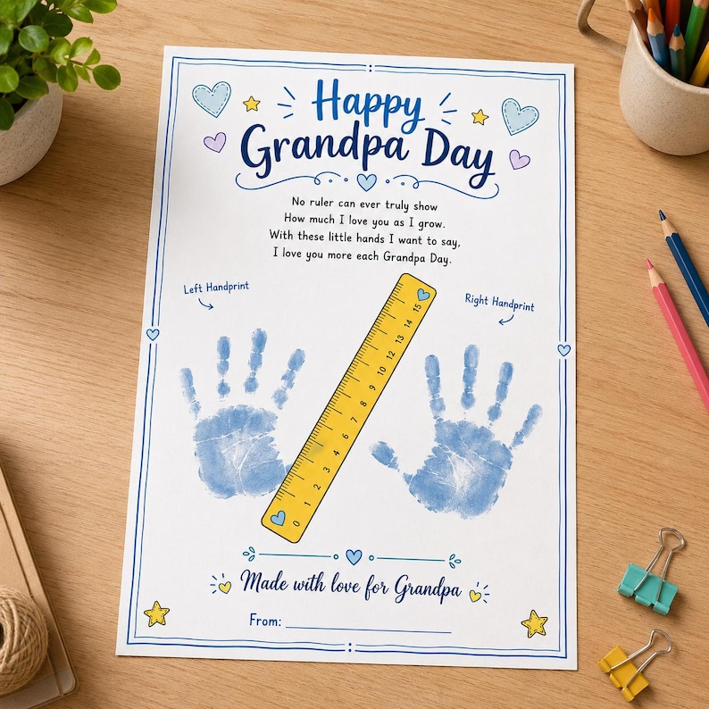 May include: A white paper sheet titled Happy Grandpa Day with blue text, a poem, and two blue handprints. A yellow ruler marked 0 to 15 centimeters is placed diagonally across the center. The page features heart and star illustrations.