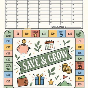 May include: A savings tracker game board titled SAVE & GROW with a numbered grid from 1 to 52 and a path of colored squares featuring currency amounts in pounds, icons of a piggy bank, calendar, gift, coins, and a mountain with a flag.