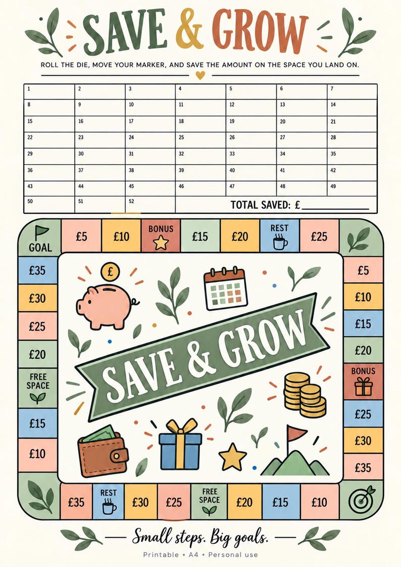 May include: A savings tracker game board titled SAVE & GROW with a numbered grid from 1 to 52 and a path of colored squares featuring currency amounts in pounds, icons of a piggy bank, calendar, gift, coins, and a mountain with a flag.