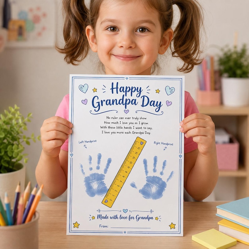 May include: A white rectangular paper print titled Happy Grandpa Day with blue text, a yellow ruler graphic, and two blue handprints. The text reads: No ruler can ever truly show, How much I love you as I grow, With these little hands I want to say, I love you more each Grandpa Day.