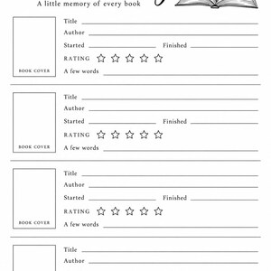 May include: A black and white reading log template featuring the text Reading Log, A little memory of every book, and One book at a time. It includes four sections with spaces for book cover, title, author, dates, a five-star rating, and notes.