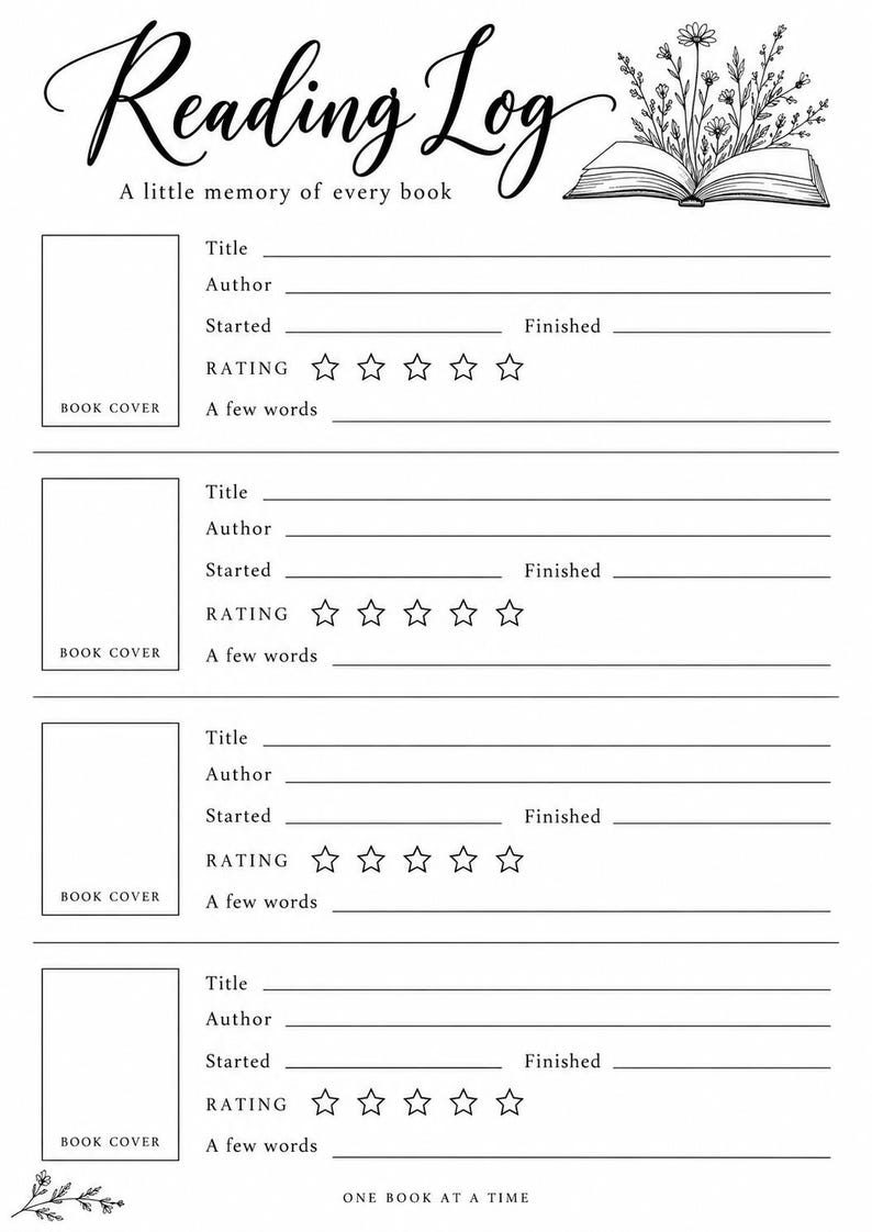 May include: A black and white reading log template featuring the text Reading Log, A little memory of every book, and One book at a time. It includes four sections with spaces for book cover, title, author, dates, a five-star rating, and notes.