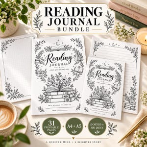 May include: A reading journal bundle featuring white paper sheets with black ink illustrations of books, flowers, and stars. The covers display the text Reading Journal, A little space for every story, and This journal belongs to. Includes 31 printable pages.
